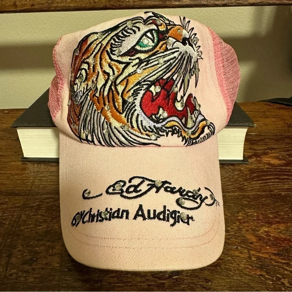 Vintage Ed Hardy Pink Tiger Trucker Baseball Hat Y2K 00s Embroidered Rhinestone
